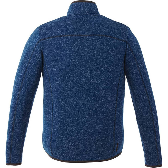 A blue knit jacket with a smooth finish, featuring a logo on the back and minimalistic design elements.