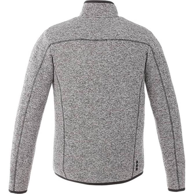 A grey knit jacket with a high collar and a smooth back design, featuring a small logo on the lower side.