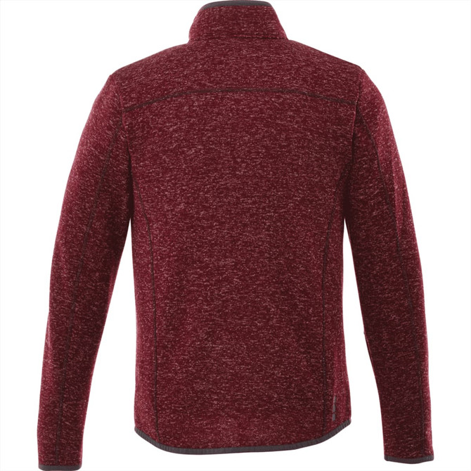 A maroon knit jacket for men with a high collar and a textured finish. Features a logo on the back.