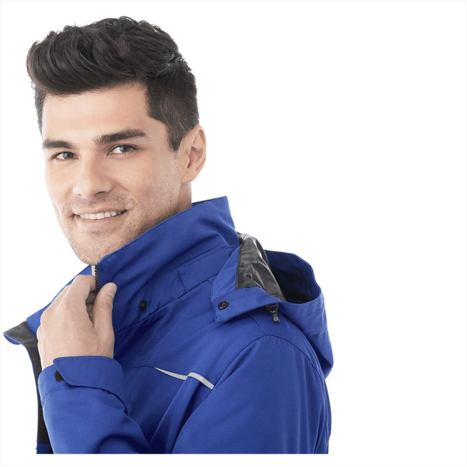 A blue fleece lined jacket for men, featuring a hood and a branding logo on the garment.