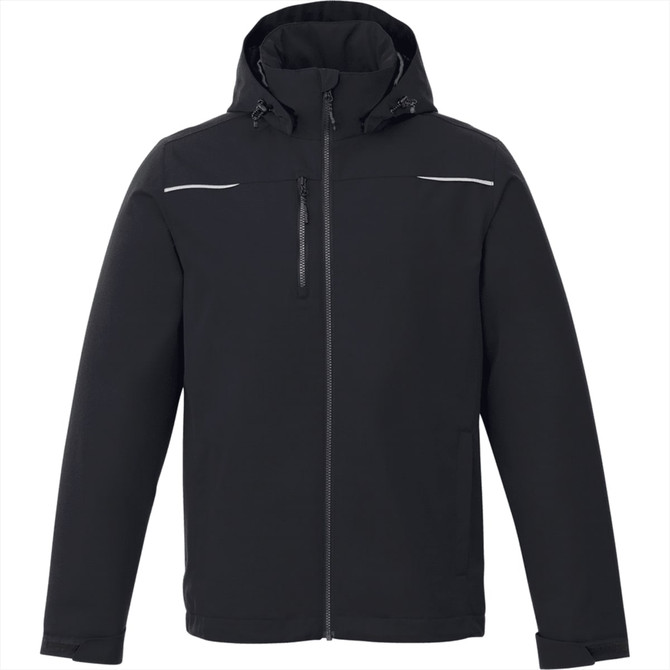 A black fleece lined jacket with a hood, featuring zippered pockets and reflective detailing, also has branding.