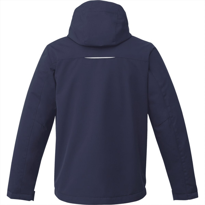 A navy blue men's jacket featuring a hood and a reflective detail on the back. It includes a logo.