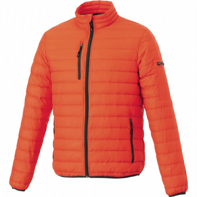 An orange puffer jacket featuring a zip front and two side pockets, with a logo on the sleeve.