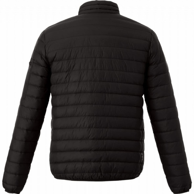 A black puffer jacket with a smooth, quilted design, featuring a high collar and a logo on the sleeve.