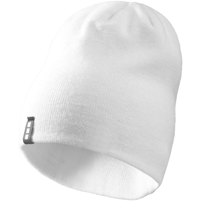 A white unisex knit beanie features a simple design and has a logo on the side.