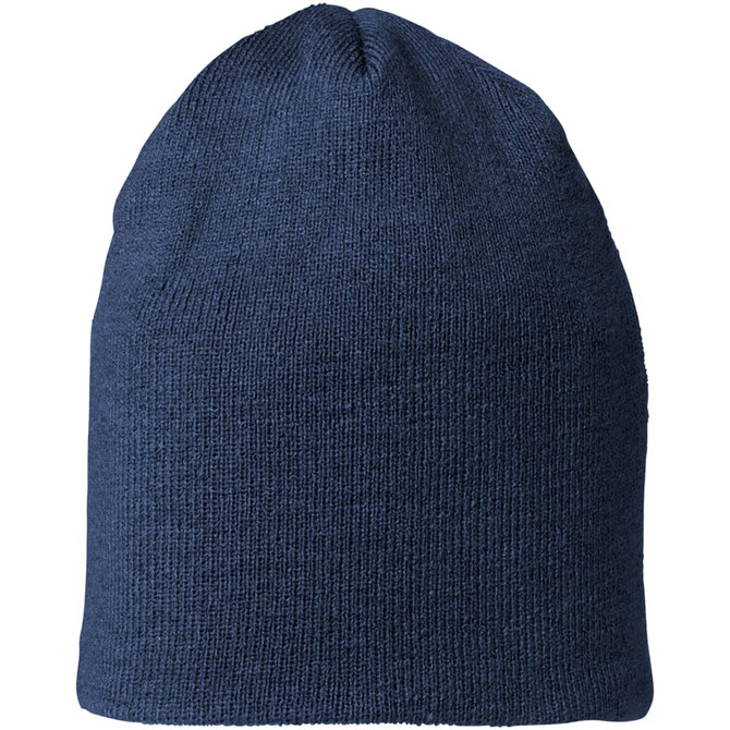 A unisex navy knit beanie with a seamless design and a branding logo on the side.