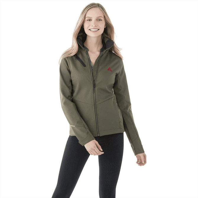 A women's softshell jacket in olive green with a zipped front and a logo on the chest, modelled by a woman.