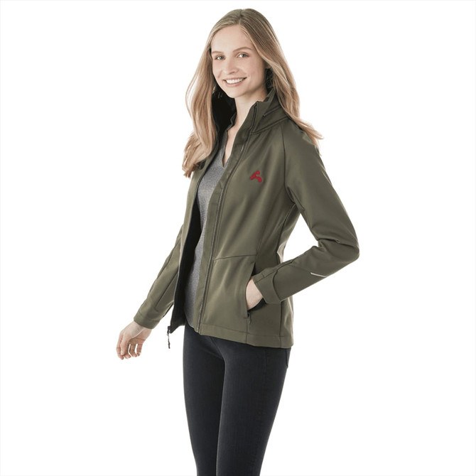A women's softshell jacket in olive green with a zip front, fitted silhouette, and a small logo.
