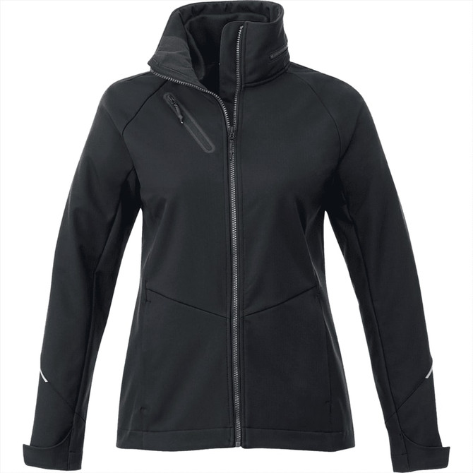 A black women's softshell jacket with a high collar, zippered front, and an angled zip pocket.