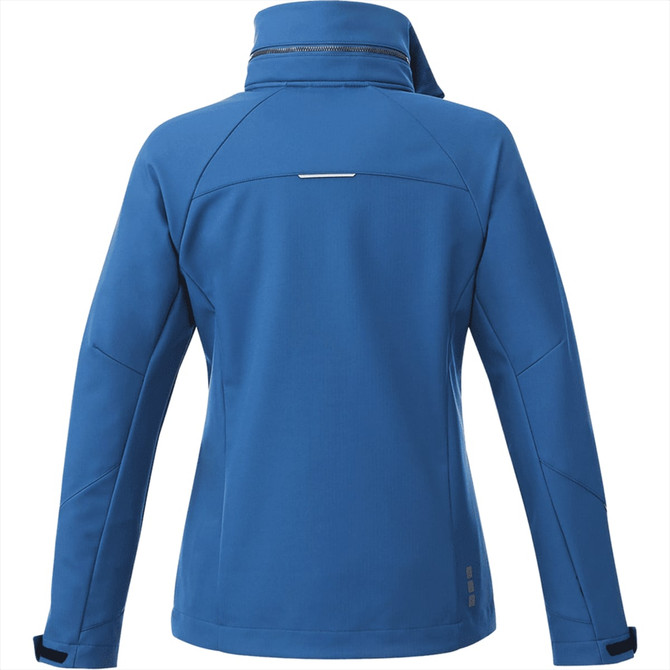 A women's softshell jacket in a vibrant blue colour with a sleek, modern design and a logo on the back.