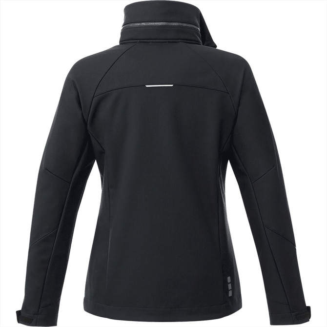 A black women's softshell jacket with a high collar and sleek design, featuring a logo on the back.