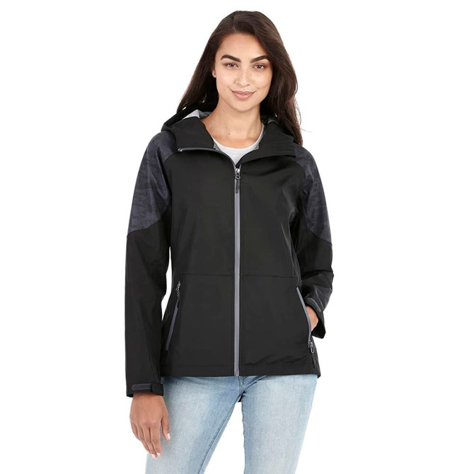 A women's softshell jacket in black, featuring a zip front, hood, and contrasting panel details.