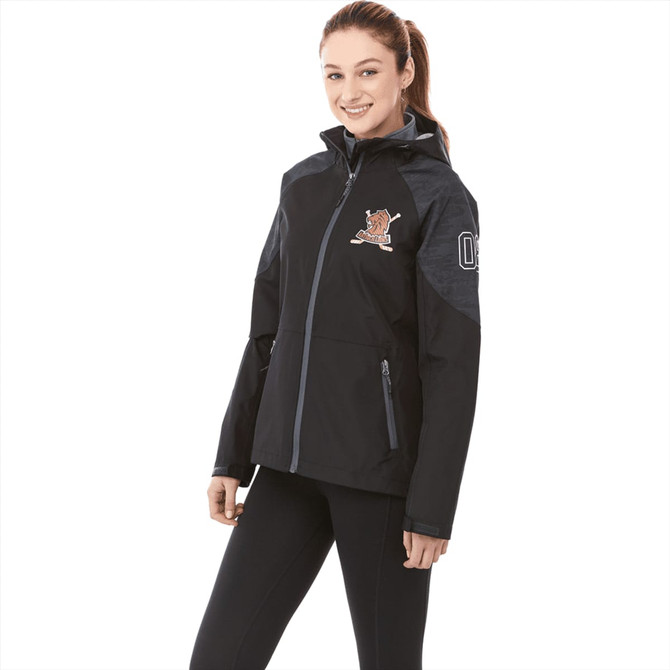 A black softshell jacket for women featuring a zippered front, side pockets, and a logo on the chest.