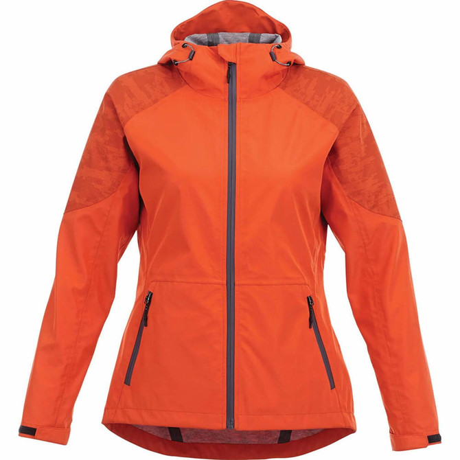 An orange women's softshell jacket with a hood and zippered pockets, featuring a textured pattern on the shoulders.