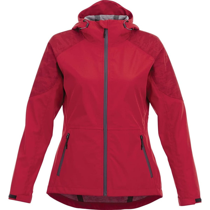 A women's softshell jacket in red with a hood, featuring zippered pockets and a logo.