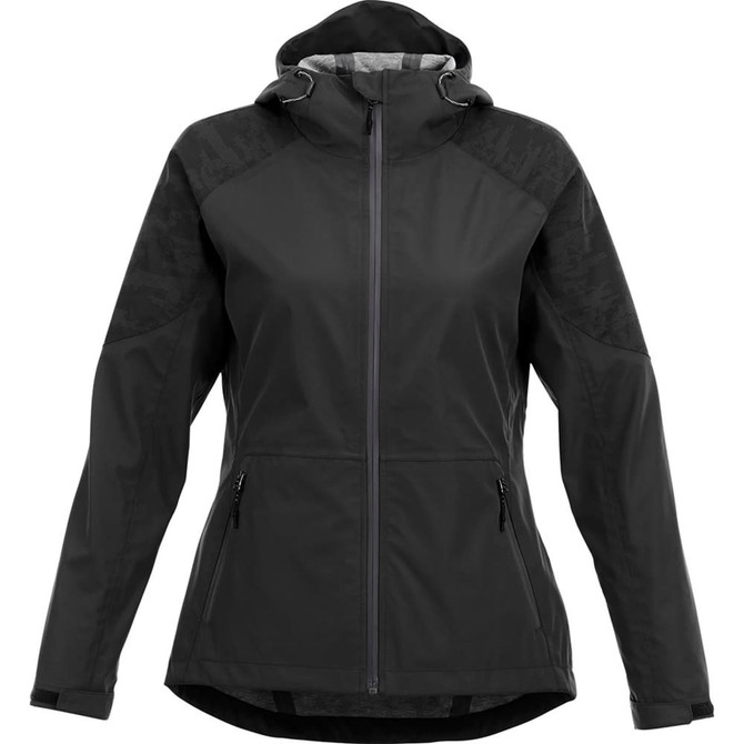 A women's softshell jacket in black with a hood and zippered pockets, featuring a logo on the chest.