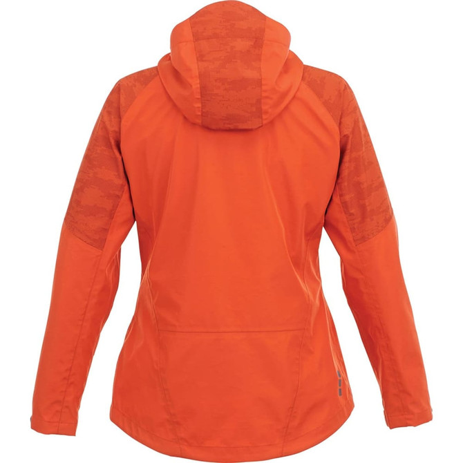 A women's softshell jacket in bright orange with a textured design on the shoulders and a hood.