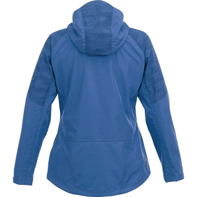 A women's softshell jacket in blue with a hood and patterned sleeves. It features a logo on the back.