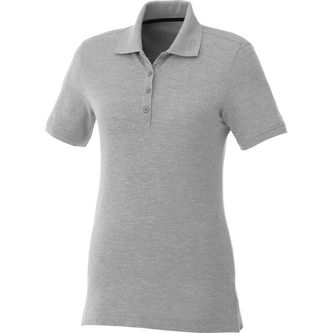 A grey women's polo shirt with a collar and short sleeves, featuring a button placket and a logo.