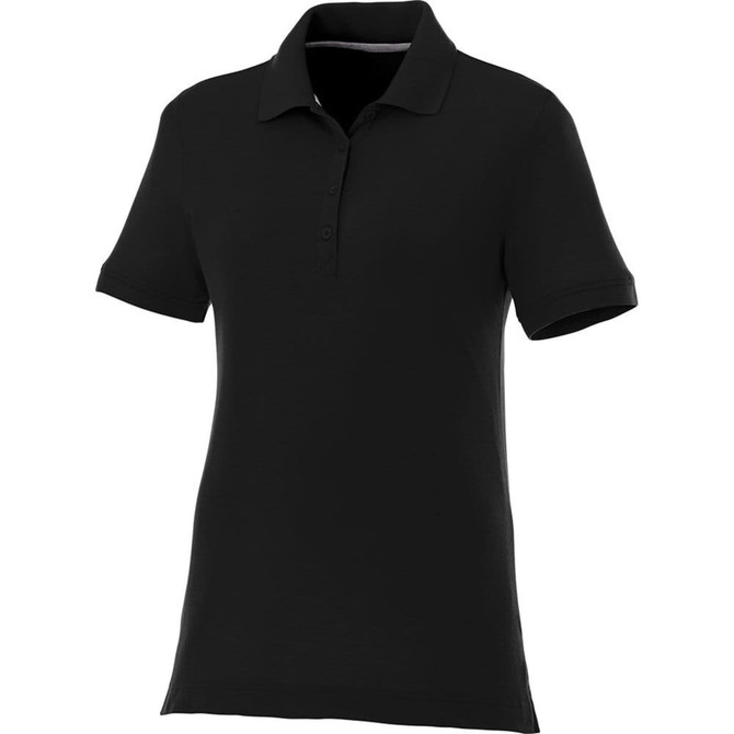 A women's short sleeve polo shirt in black, featuring a classic collar and button placket, with a logo.
