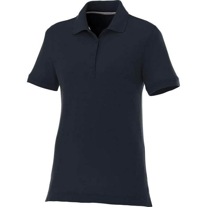 A women's short sleeve polo shirt in dark navy, featuring a classic collar and a logo on the chest.