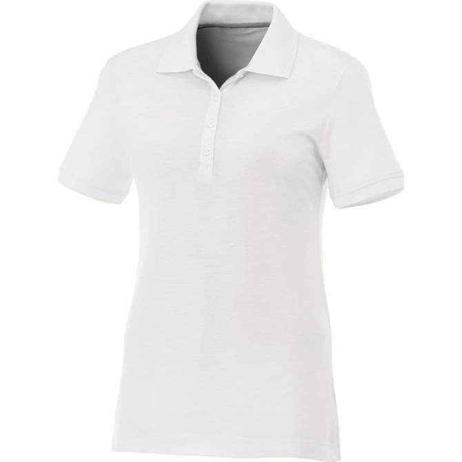A white women's short sleeve polo shirt featuring a collar and a front placket with buttons, with a logo on the chest.