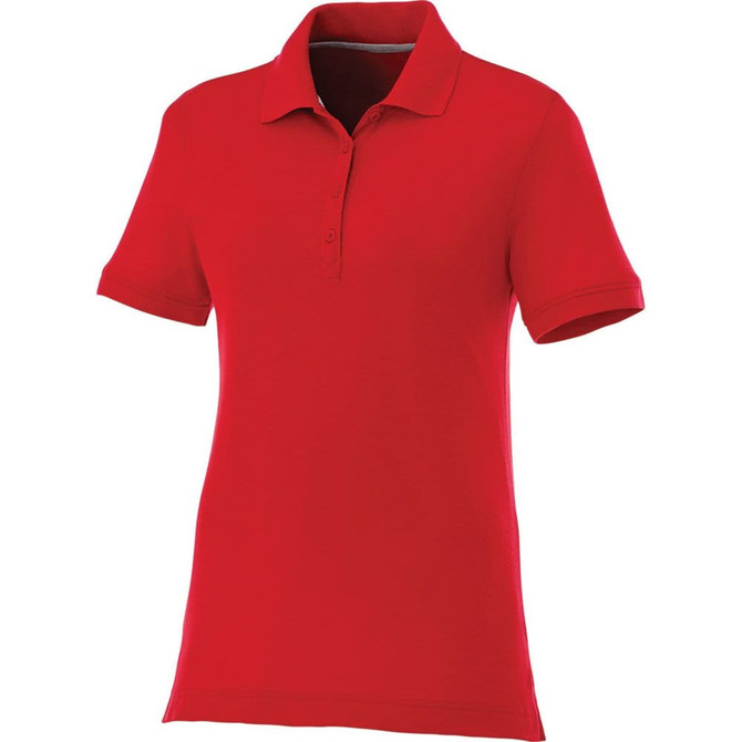A red women's short sleeve polo shirt with a collar and buttons, featuring a logo on the chest.
