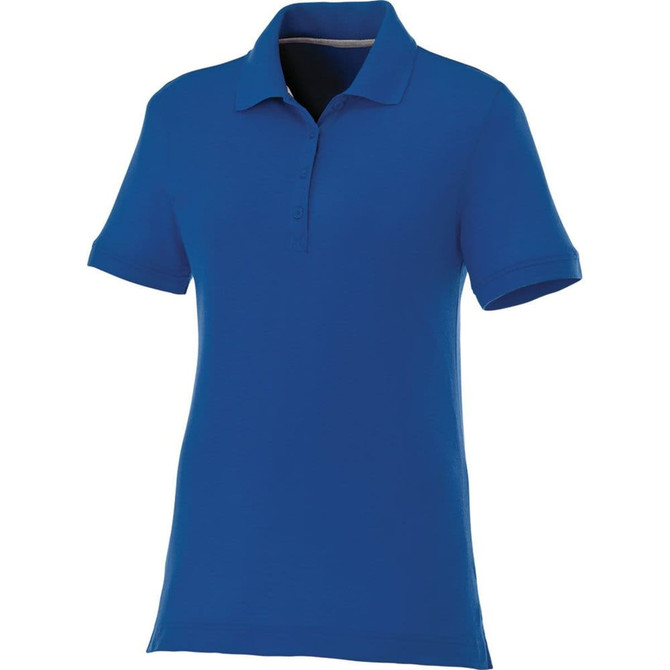 A women's short sleeve polo shirt in a vibrant blue colour, featuring a classic collar and logo.