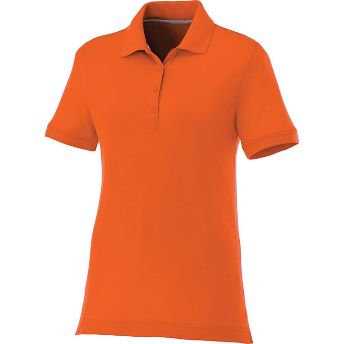 An orange women's short sleeve polo shirt with a classic collar and a logo.