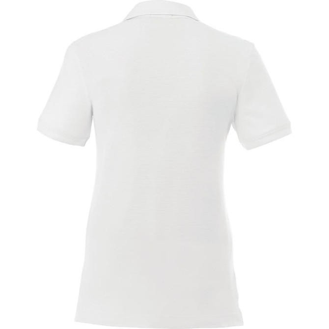 A white women's polo shirt with short sleeves and a collar. The design features minimal detailing and includes a logo.