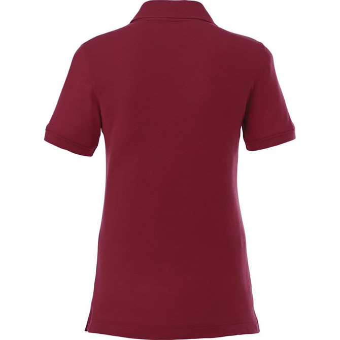 A burgundy women's short sleeve polo shirt with a folded collar and back view. Features a logo.