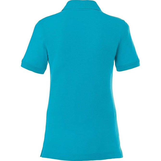 A women's short sleeve polo shirt in vibrant turquoise, featuring a classic collar and a logo.