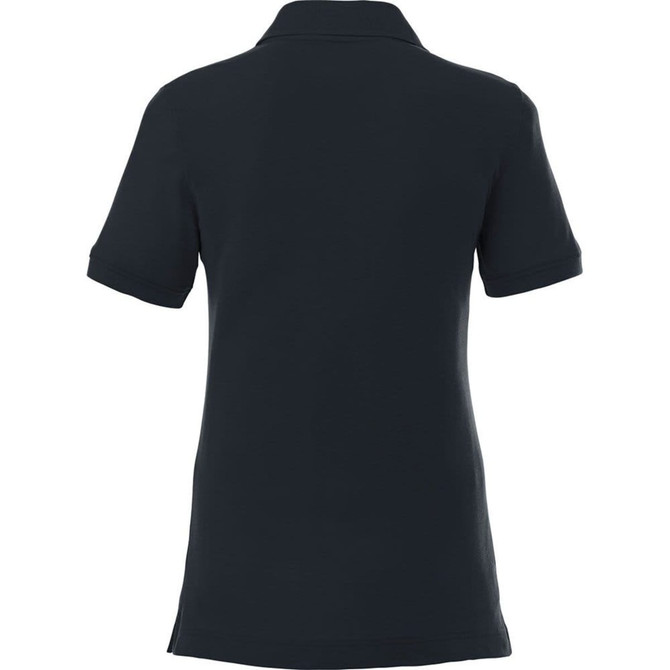 A women's short sleeve polo shirt in navy, featuring a collar and a logo.