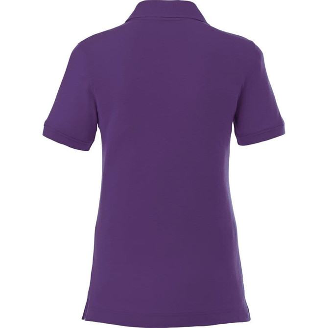 A purple women's polo shirt with short sleeves and a collar, featuring a logo.