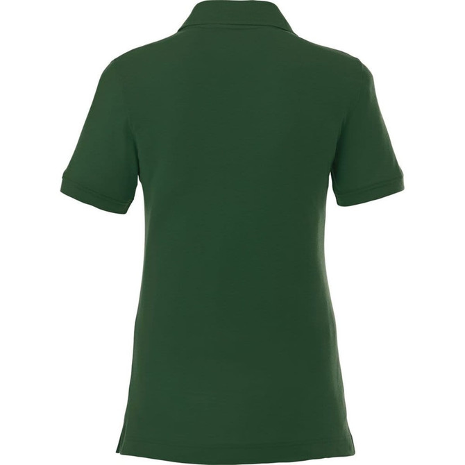 A green women's short sleeve polo shirt featuring a collar and rolled sleeves, with a logo on the back.