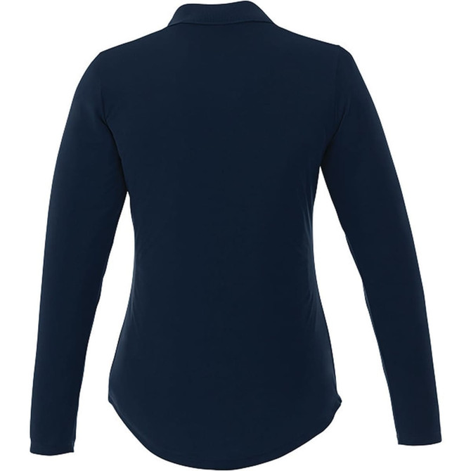A dark navy women's long sleeve polo shirt featuring a collar and a sleek fit, with a logo on the back.