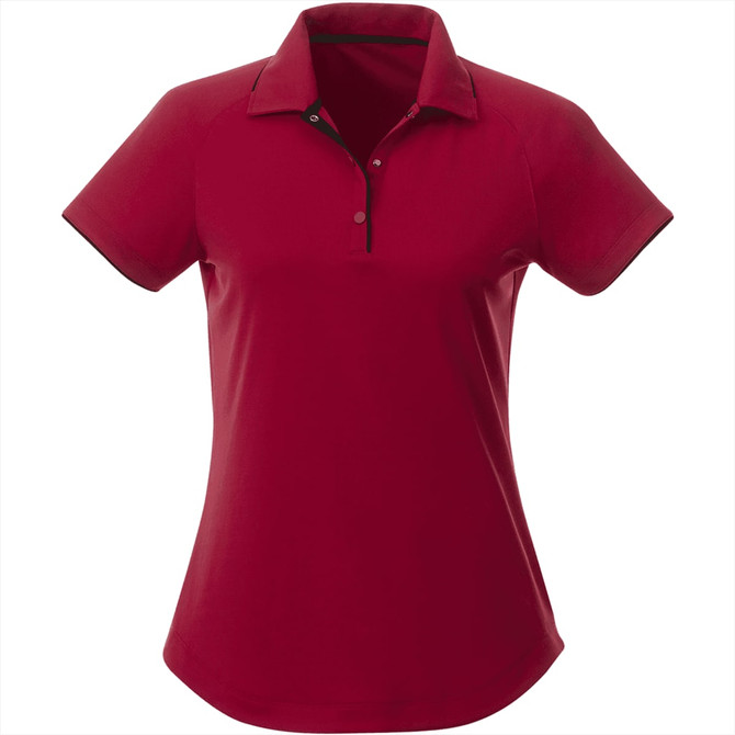 A red women's short sleeve polo shirt featuring a collar and a logo.