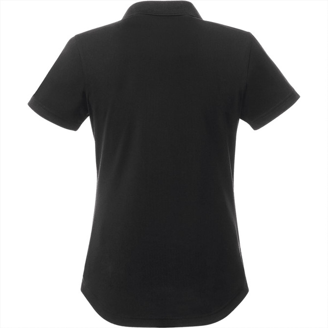 A black women's polo shirt with short sleeves and a collar, featuring branding on the back.