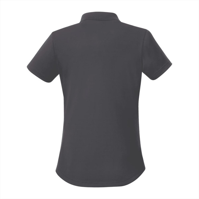 A women's short sleeve polo shirt in dark grey with a collar and a logo on the front.