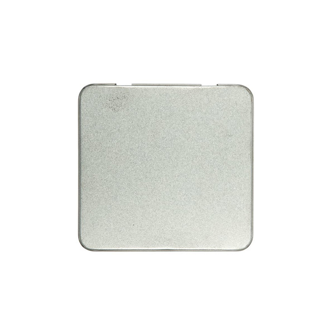 A metal tin designed to hold 12 colored pencils. The tin has a simple, smooth surface with a square shape.