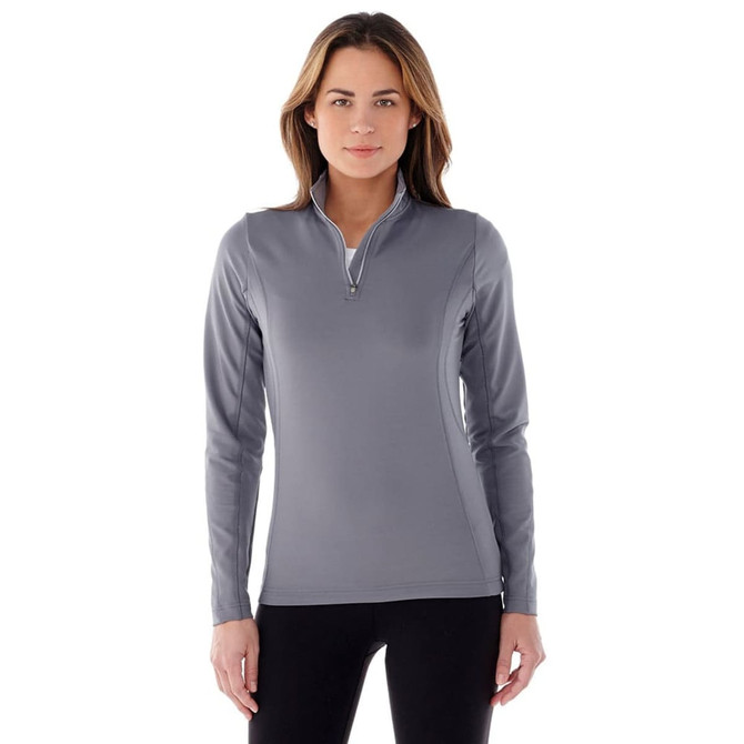 A grey women's quarter zip jumper featuring long sleeves and a zippered collar. It has a logo on the front.