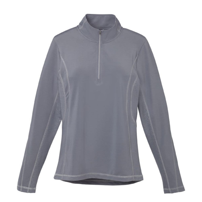 A grey women's quarter zip jumper featuring long sleeves and a subtle branding logo.
