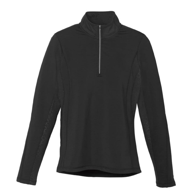 A black women's quarter zip jumper with long sleeves and a high collar, featuring a branding logo.