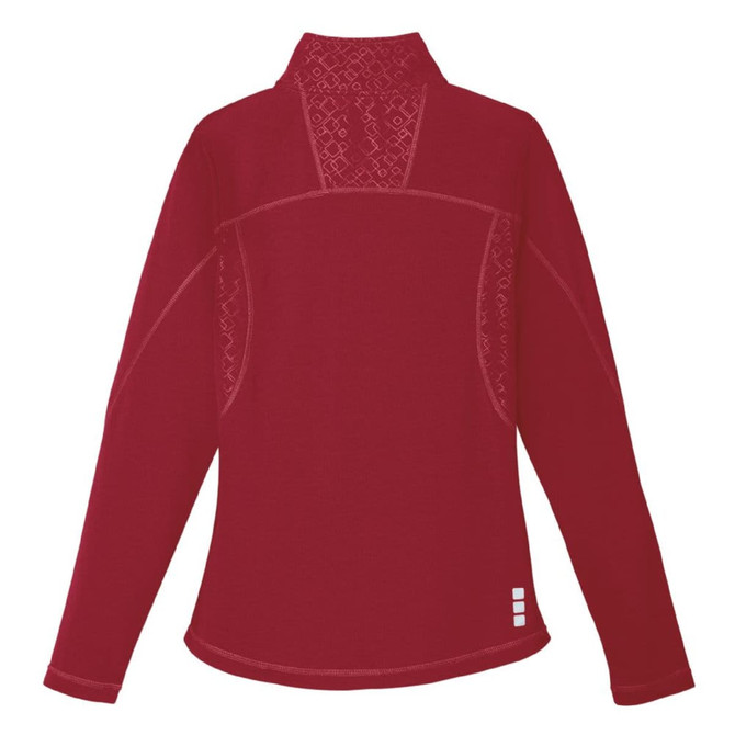 A women's quarter zip jumper in a rich burgundy colour featuring a textured back panel and logo.