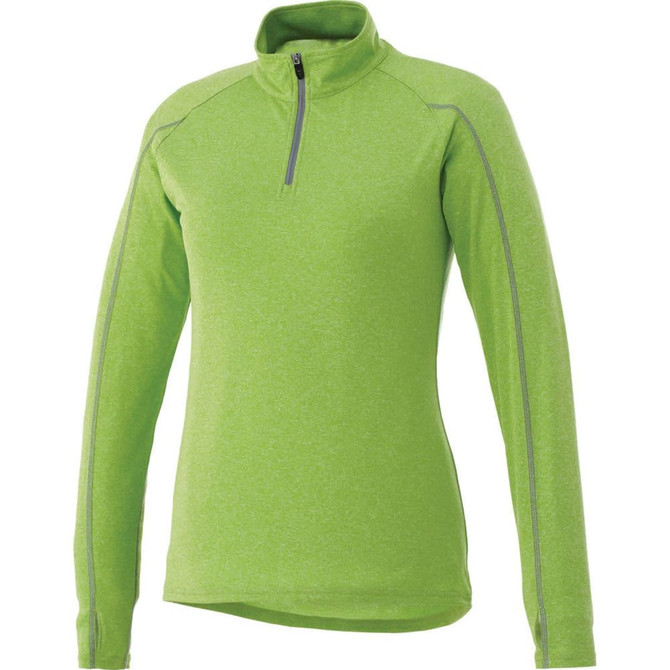 A vibrant green women's quarter zip knit jumper featuring long sleeves and a zip collar, with contrasting stitching.