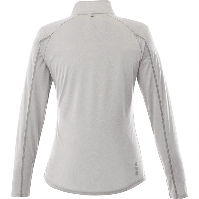 A women's quarter zip jumper in light grey, featuring a seamless design and a branded logo on the back.