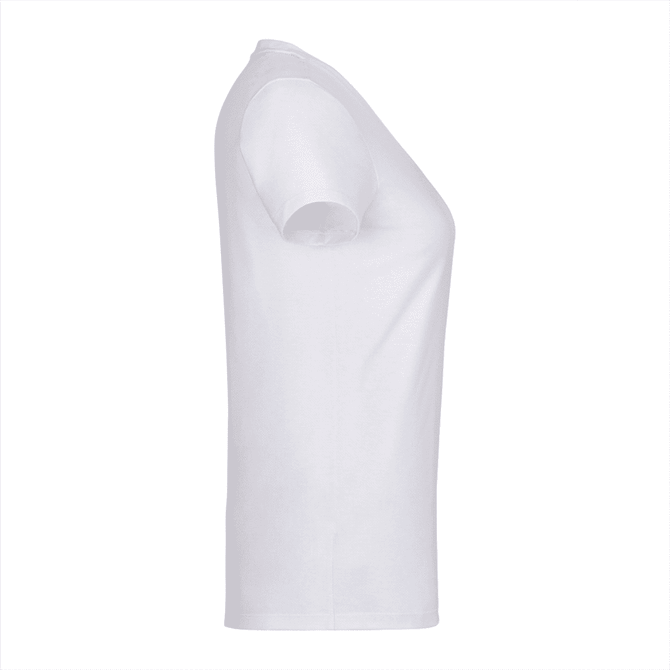 A white short sleeve women's t-shirt with a fitted silhouette and a logo on the side.