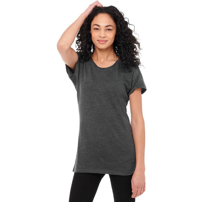 A women's short sleeve tee in dark grey, featuring a relaxed fit and a logo. Suitable for casual wear.