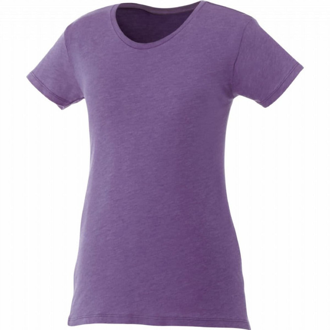 A purple women's short sleeve tee with a round neckline and a fitted design. It features a logo on the front.