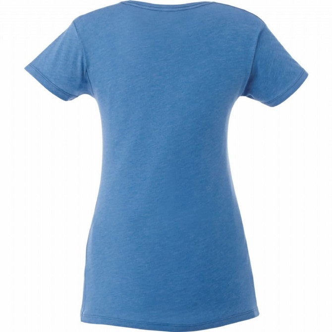 A women's short sleeve tee in a relaxed fit, featuring a blue hue and a branding logo.